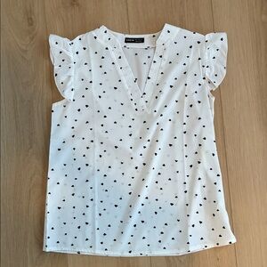 SHEIN White Blouse with Black Heart Print and Ruffle Sleeves